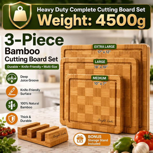 Bamboo Cutting Board Set with Juice Groove, End Grain Cutting Boards, Set of 3 with Holder, Extra Large17 x 12 Inch,1 Inch Thick Heavy Weight 9.5 lb Non-Toxic Wood Chopping Boards for Meat, Vegetables