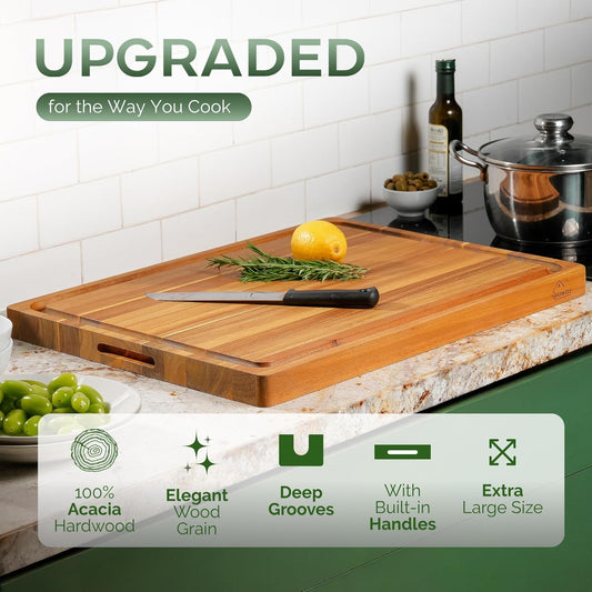 Howizz Acacia Wood Large Cutting Board, Thick End Grain Solid Wood Butcher Block For Kitchen, Non Toxic Pre-Oiled Carving Tray w/Juice Grooves and Easy Grip Handle, 20"x15"x1" (Gift-Ready Box)