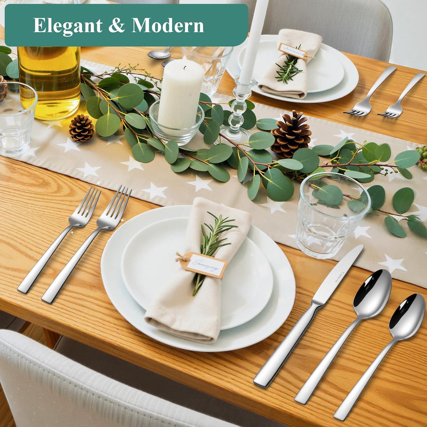 49-Piece Silverware Set with Bamboo Organizer for 8, Heavy-Duty Flatware Set with Steak Knives, Rust-Proof & Mirror Polished, Dishwasher Safe,Modern Hammered(organizer only for packaging)
