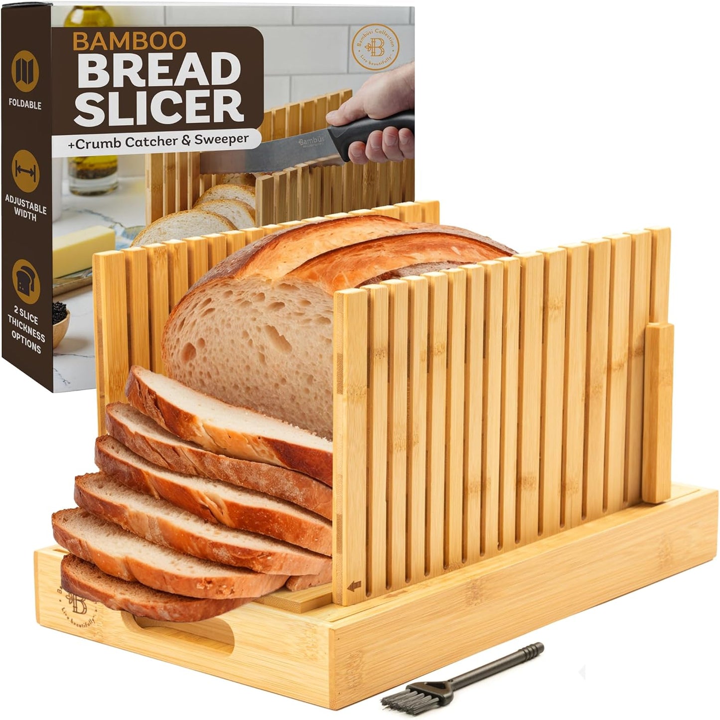 Bread Slicer for Homemade Bread - Adjustable Bamboo Bread Cutter with Knife, Foldable Slicing Guide & Crumb Tray - Bread Loaf Slicer for Sourdough, Cakes, Bagels, Loaves - Kitchen Gadgets Baking Gifts