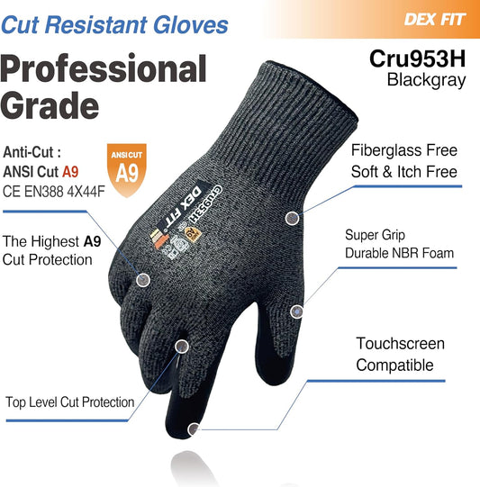 DEX FIT Cru953H Level A9 Cut Resistant Gloves, Fiberglass-Free, Power Grip Foam Nitrile, 3D Comfort Fit, Touchscreen, 13-Gauge for Sheet Metal, Stamping, Glass, Recycling; Blackgray XS 1 Pair
