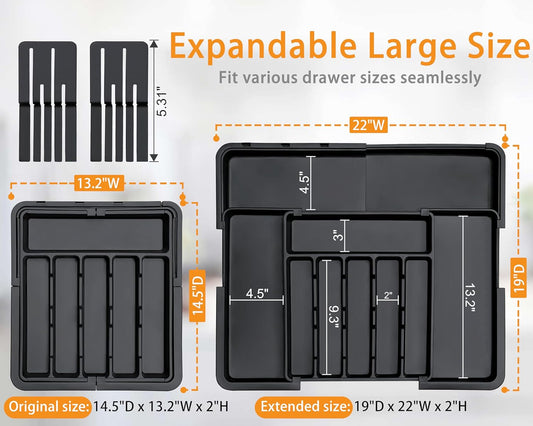 Homecor Silverware Organizer - Expandable Large Kitchen Drawer Organizer Utensil Organizer with 2 Removable Knife Blocks, 22"x 19"Cutlery Tray Drawer Dividers for Kitchen Flatware(6-9 Slots) (Black)