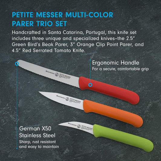 Messermeister Petite Messer Parer Trio Set with Matching Sheath, Blue - Includes 2.5” Bird's Beak Parer, 3” Clip Point Parer & 4.5” Serrated Tomato Knife - Lightweight & Rust Resistant