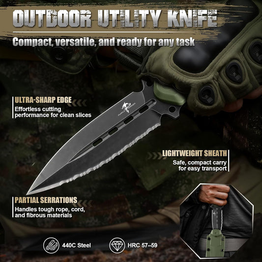 Purple Dragon Fixed Blade Knife with Kydex Sheath,440C Steel Full Tang Outdoor Utility Knife with G10 Handle for Camping, Hiking,Bushcraft & Outdoor Use-Black