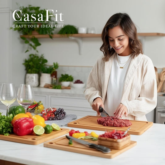 3-Piece Organic Bamboo Cutting Board Set for Kitchen - Carbonized Extra Sturdy Chopping Boards with Juice Grooves - Knife-Friendly Multi-Size (15", 12", 9") for Meat & Veggies - Housewarming Gift Box