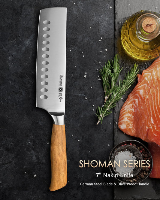 Mitsuharu 7 inch Nakiri Knife, SHOMAN Series Vegetable Knife, Razor Sharp Blade, Ergonomic Olive Wood Handle, German Steel Meat Cleaver, Japanese Chef Knife, Vegetable Kitchen Knife with Case