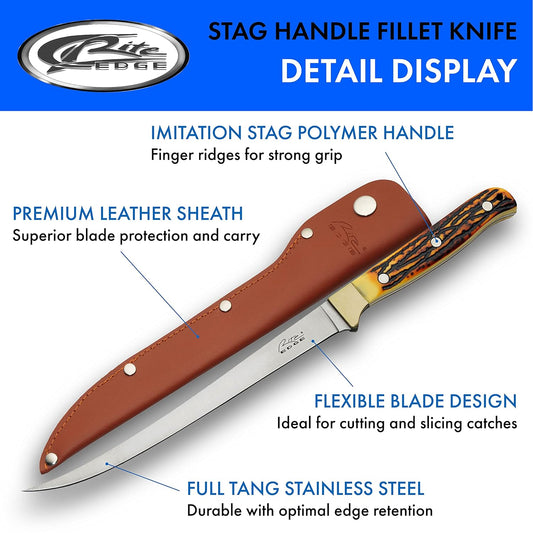 SZCO 12.25 Inch Fillet Knife with Leather Sheath – Stainless Steel Fishing Fillet Knife, Sharp Flexible Blade, Full Tang Boning Knife, Faux Stag Handle Fish Cleaning Knife for Fishing, Meat Cutting & Outdoor Use