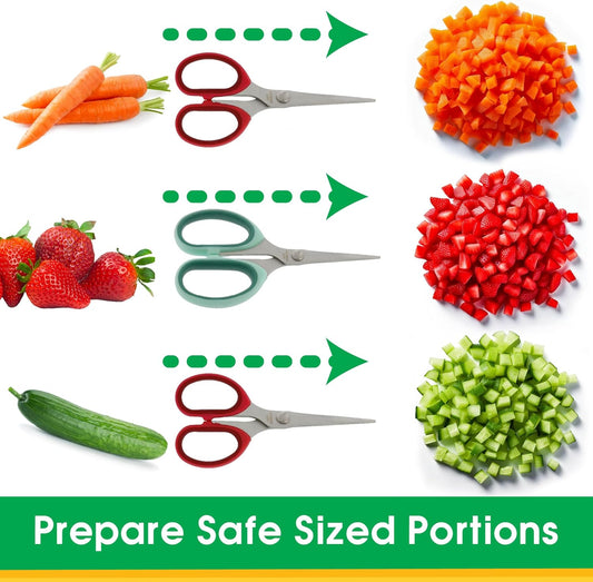 Baby Food Scissors 2 Pack w Covers- Parent Must-Safety Stainless Steel Shears- Make Every Bite Perfectly Sized & Safe- For Babies, Toddlers- Kids Feeding or Adult Portion Control, Gift for Mom