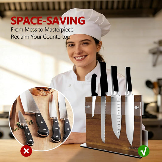 Brosisincorp 360° Rotating Magnetic Knife Block without Knives - Universal Holder for Counter Top with Removable Bristles, Acacia Wood