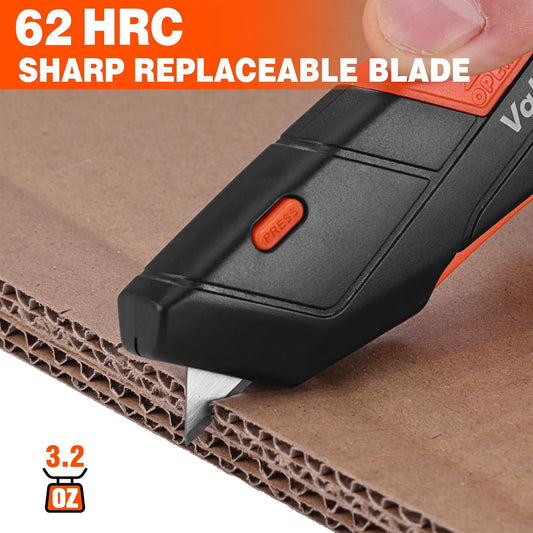 ValueMax 2-Pack Box Cutter Knife, Cardboard Cutter with Self-Retracting 3-Position Locking Blade, Safety Sheath, Lanyard, Extra 18 Blades Included, Blade Storage Design