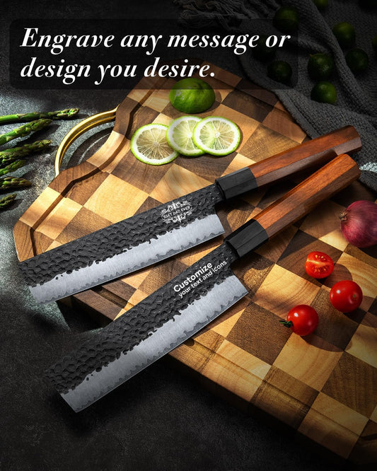 FAMCüTE Japanese Knife Block Set, Hand Forged 5-Layer 9CR18MOV Clad Steel Ultra Sharp Kitchen Knives with Wooden Storage & Rosewood Handle, Includes Chef, Santoku, Nakiri, Fruit Knife for Home Mom/Dad