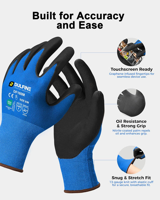 DULFINE Safety Work Gloves for Men & Women, MicroFoam Nitrile Coated Nylon Black Grip for General Purpose, 3/6/12/36 Pairs