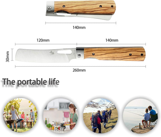 SENBON 440A stainless steel pocket folding Japanese Bread knife Natural Olive Handle Camping trip Outdoor Portable Serrated knife