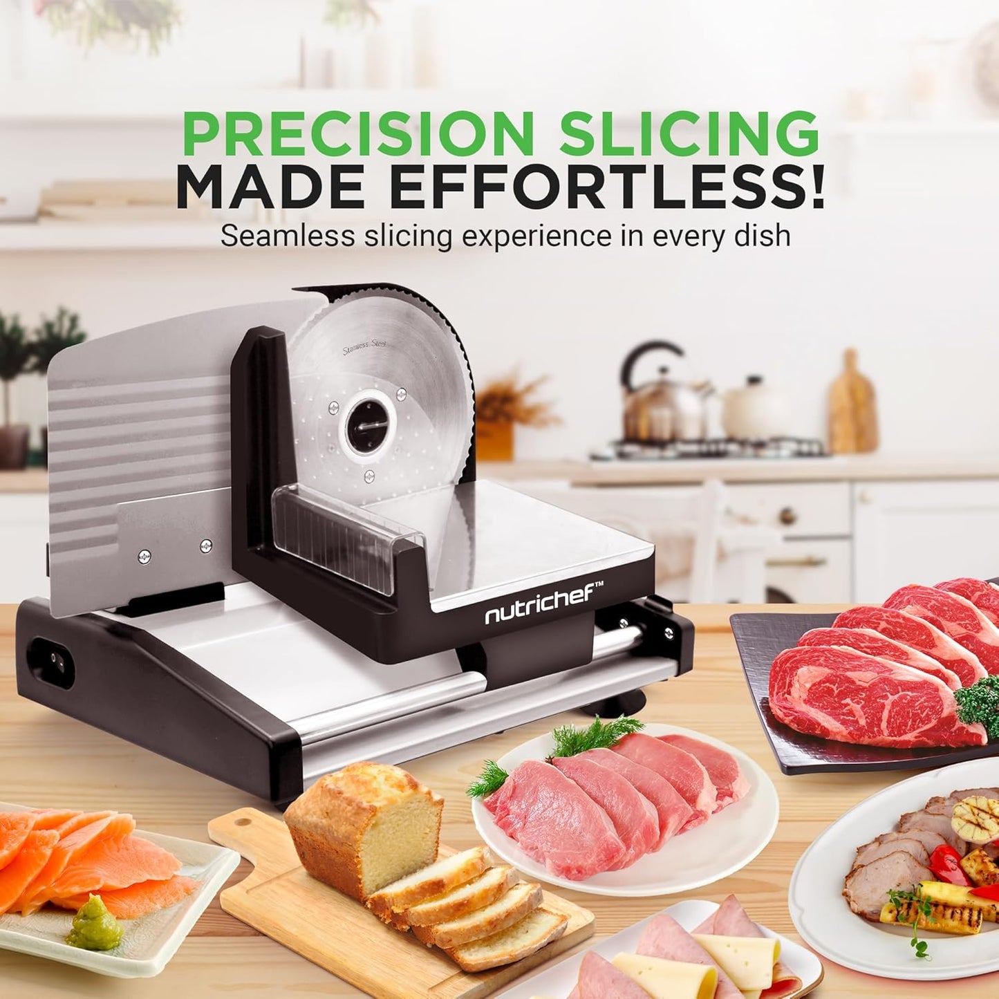 Electric Meat Slicer | 200W Automatic Meat & Bread Slicer | Adjustable Dial for 0-15mm Cutting Range Thickness | Removable 7.5 IN Stainless Steel Blade & Food Pusher for Safety (Black)
