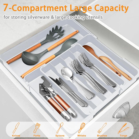 Homecor Silverware Drawer Organizer, Adjustable Kitchen Drawer Organizer, Expands from 4 to 7 Slots, Non-Slip BPA-Free Flatware Cutlery Utensil Holder for Forks Knives Spoons and Kitchen Utensil,White