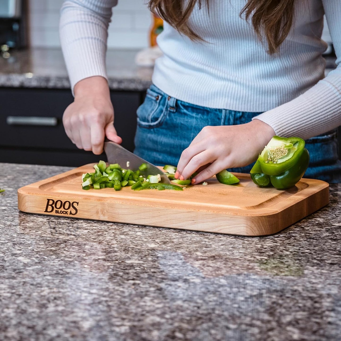 John Boos Prestige Series Rectangular Wooden Maple Cutting Board 18”x12” – 1.25” Thick, 8-lb Reversible Butcher Block with Juice Groove, Edge-Grain & Finger Grip Hole – Made in the USA