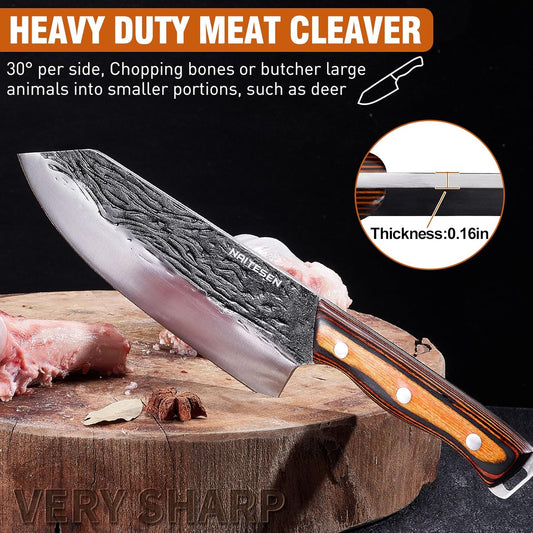 Naitesen 4PCS Hand Forged Butcher Knife and Kitchen Knife 2 in 1 Set, Heavy Duty Meat Cleaver Serbian Chef Knife Breaking Knife Boning Knife for Meat Cutting BBQ Gifts for Men Women