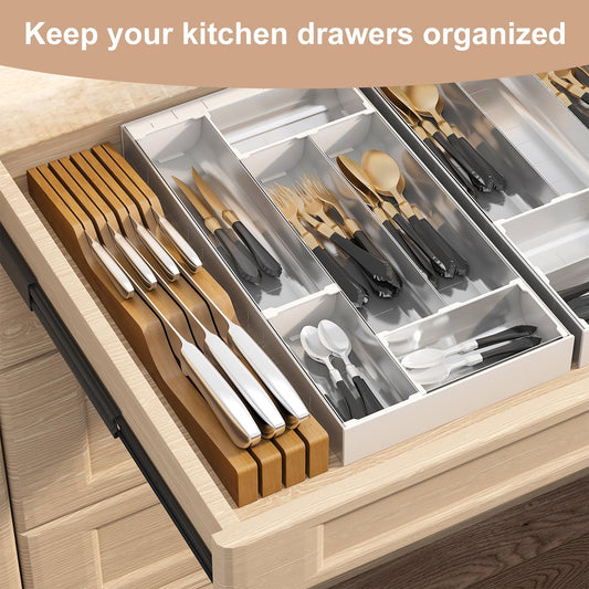 In-Drawer Knife Block Organizer - Bamboo Wood Drawer Knife Organizer-Protecting Knife Organizer Block (Not Included) (Natural, 7 Knives Dock)