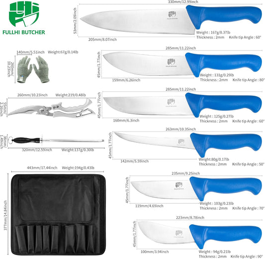 FULLHI 11PCS Butcher Knife Set, Non-slip Butcher Boning Knife German Stainless Steel Chef Knife Set, Meat Processing Set for Home Kitchen, Slaughterhouse And Restaurant
