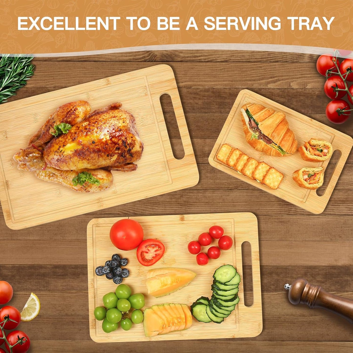 3PCS Bamboo & Titanium Cutting Board Set – Double-Sided, Durable Chopping Boards for Kitchen Prep – Includes Handles, 3 Sizes for Vegetables, Fruits, Cheese & More