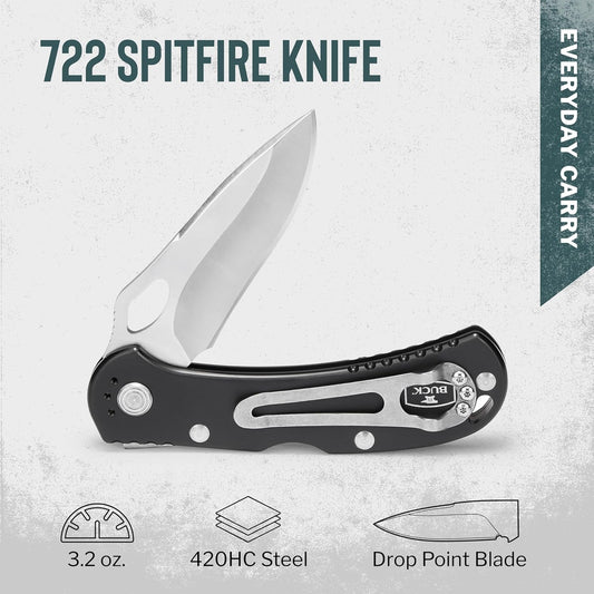 Buck Knives 722 Spitfire Folding EDC Knife, 3-1/4” Pocket Knife Blade, Lockback Design, Aluminum Handles, 420HC Stainless Steel Drop Point Folding Blade, Made in the USA, Orange, 3.2 oz