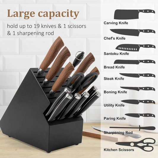 20 Slot Knife Block Storage without Knives,Acacia Wood Universal Knife Holder for Kitchen Countertop,Large Butcher Block Organizer,Easy Kitchen Knife Storage (Brown)