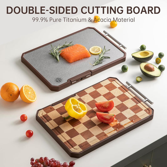 Titanium Cutting Board with Knife Sharpener, Pure Titanium & Acacia Wood Cutting Boards for Kitchen, Double Sided Checkerboard Chopping Board with Handle & Stand, 16.7”×10.4”x×1.2”