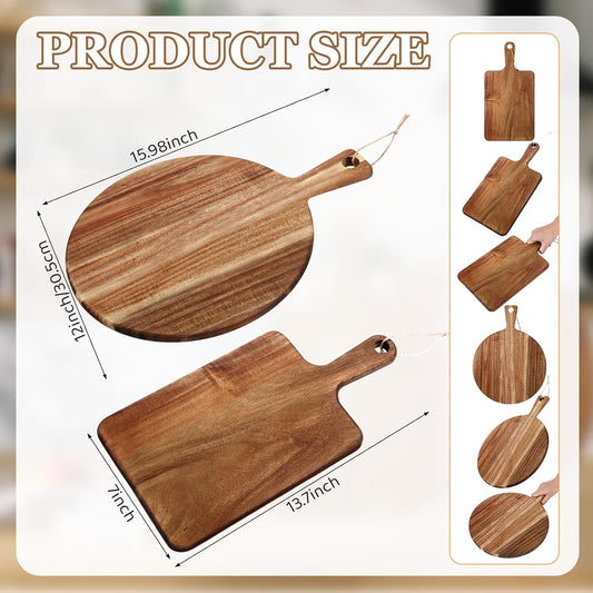 Hsei 2 Pcs Acacia Wood Cutting Board with Handle Wooden Charcuterie Board Large Paddle Carving Chopping Set Butter Serving Tray for Cheese Meat Fruit Pizza Bread Baking(Practical Handle)