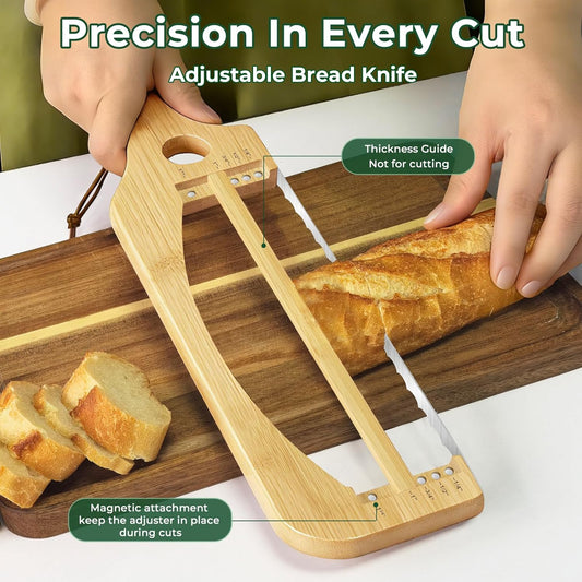 Adjustable Bread Knife for Homemade Bread, 16.5" Bread Slicer with Magnetic Adjustment Mechanism 5 Thickness Guides, Sourdough Bread Knife for Bagels, Baguettes and More