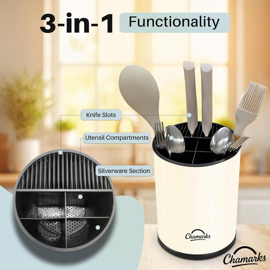 3-in-1 Kitchen Utensil Holder for Countertop with Knife Block and Silverware Caddy. (Silver)