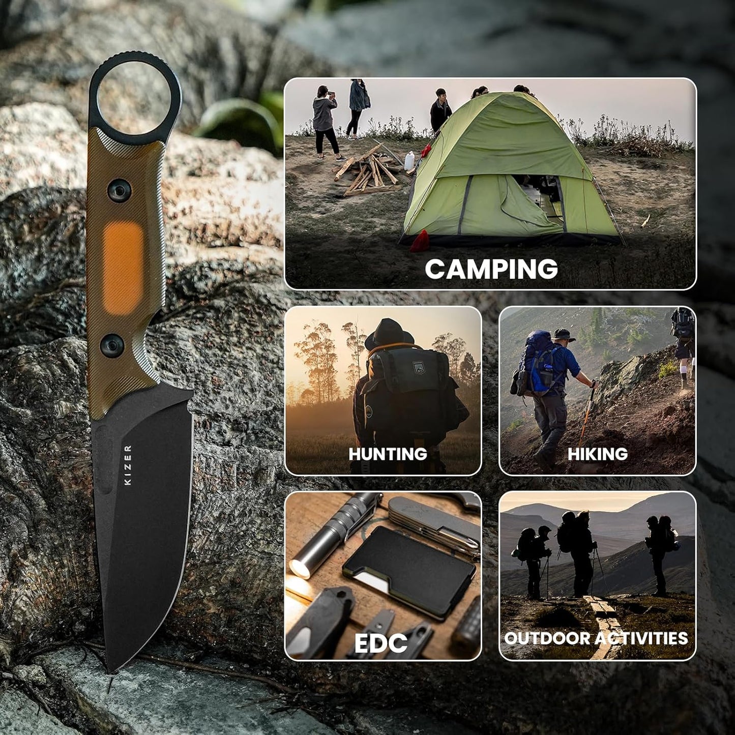 Kizer Cabox Fixed Blade Knife, 3.36" D2 Steel Fixed Blade Hunting Knife G10 Handle with Sheath, Survival Camping Knives 1048A3