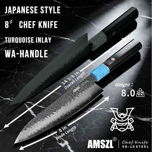 Japanese 8" Forged Chef Knife for Kitchen, Razor Sharp VG10 Steel Core with 5-Layer High Carbon Finish, Hammered Cracked Pattern, Ebony Handle with Turquoise (White)