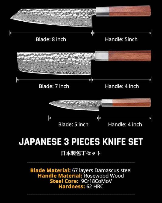 YOTSUBA 3PCS Japanese Damascus Chef Knife Set – Ultra Sharp Hand-Forged High Carbon Steel Blades with 100% Genuine Natural Hardwood Handles, Professional Kitchen Knives for Chopping Meat & Vegetables