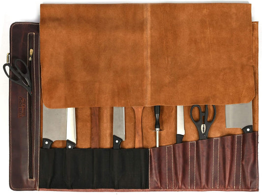 Tolredo Top Grain Buffalo Leather Chef Knife Roll Case 10 Slot and 1 Zipper Pocket for Culinary Storage Portable Bag with Detachable Shoulder Strap (Walnut, 29.5" X 20")