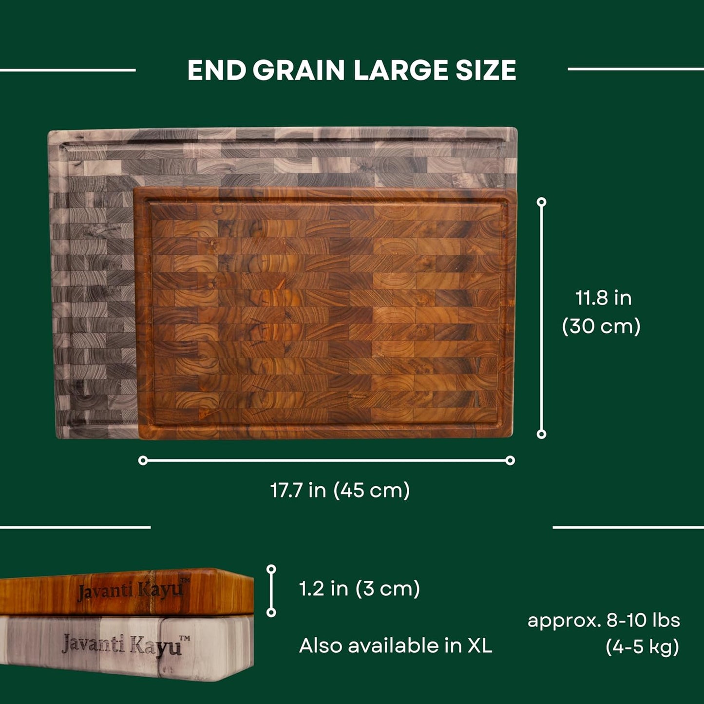Teak End Grain Cutting Board for Kitchen – Large 18×12" Handmade Wood Butcher Block with Juice Groove & Handles – Knife-Friendly, Reversible, Non-Toxic Wooden Chopping Board, Indonesia