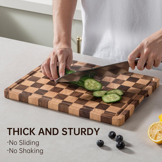 Checkered Cutting Boards for Kitchen, Wooden Cutting Board Set, Acacia Chopping Board with Juice Grooves & Handles, Butcher Block Serving Tray for Meat, Vegetables and Fruits, 3pcs