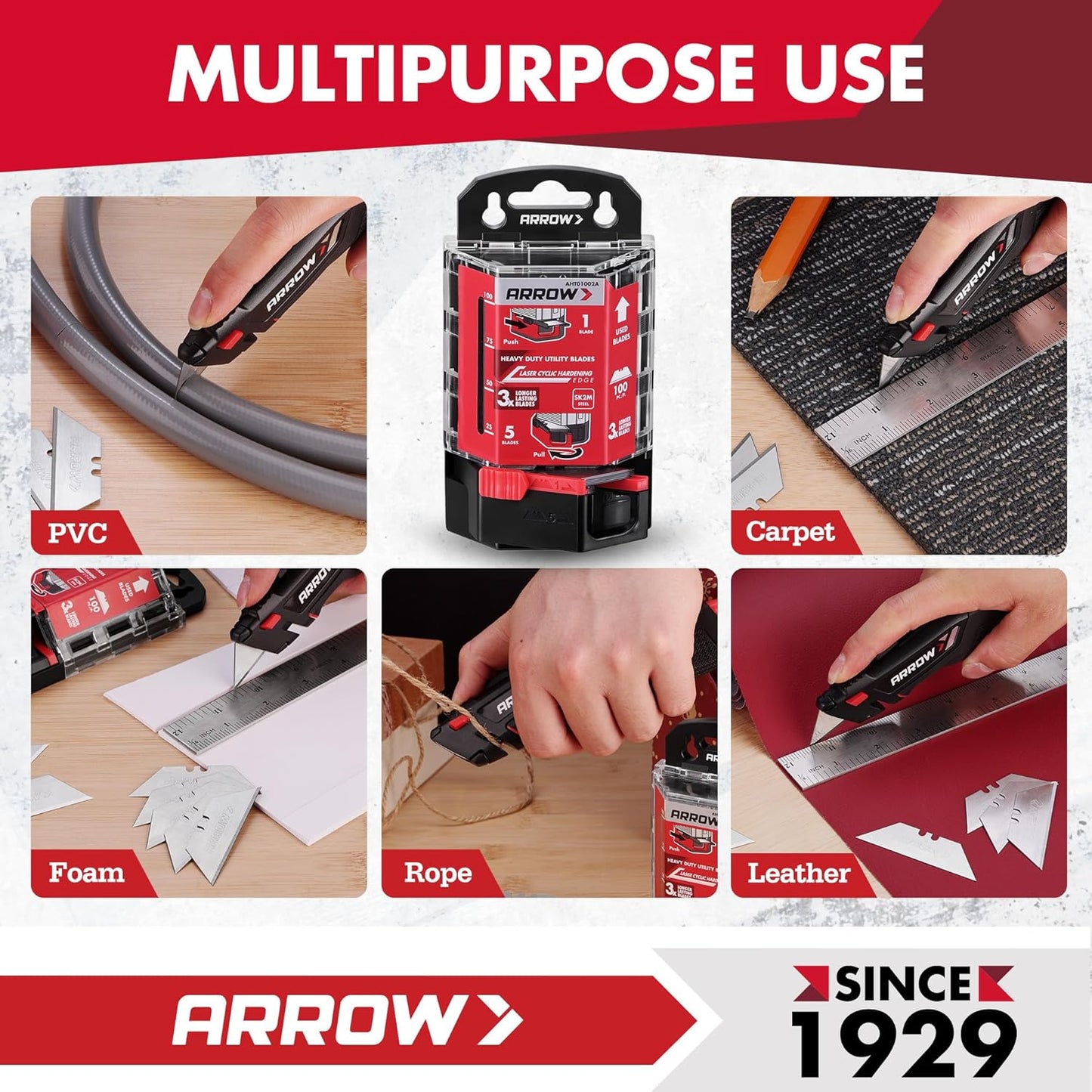 ARROW 100-Pack SK2 Utility Knife Blades, Premium Tempered Steel Box Cutter Blades with Convenient Dispenser, Sharp & Durable Replacement Blades for Cutting, Crafting, DIY Projects