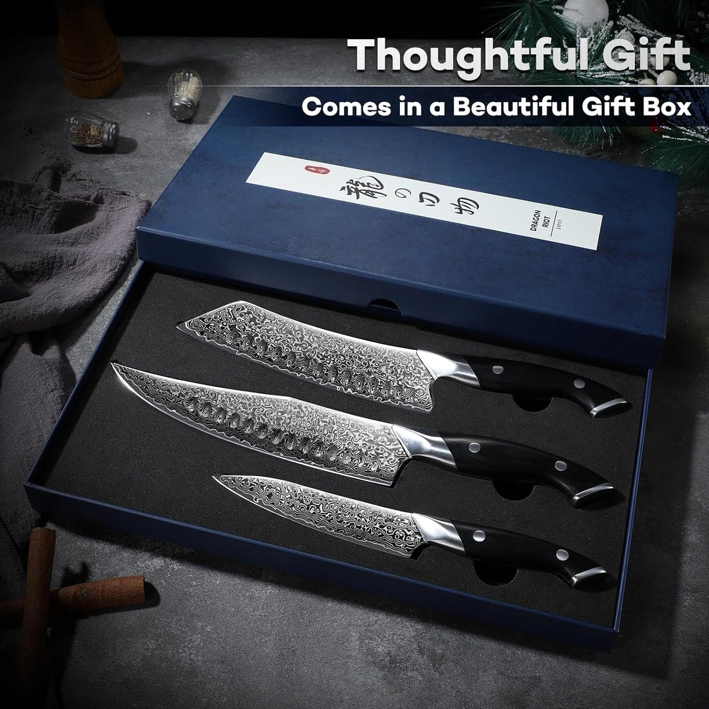 DRAGON RIOT Japanese Chef Knife Set 3Pcs, VG10 Steel Japanese Razor-Sharp Kitchen Knives Set with Gift Box