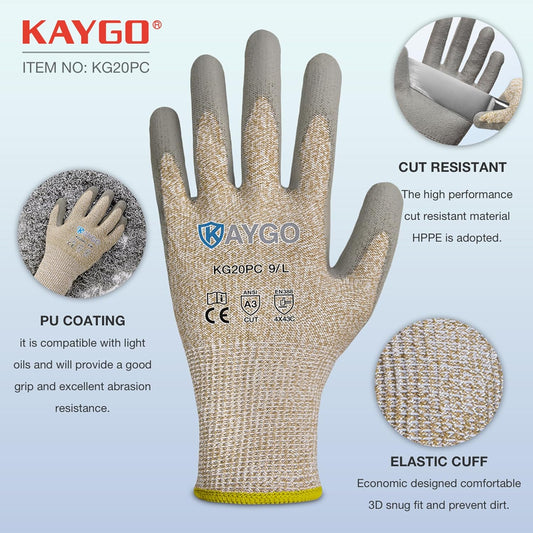 KAYGO Cut Resistant Gloves PU Coated 3 Pairs, ANSI Cut Level A2, Lightweight Safety Work Gloves, Ideal for Industrial and Construction (Large,Grey)