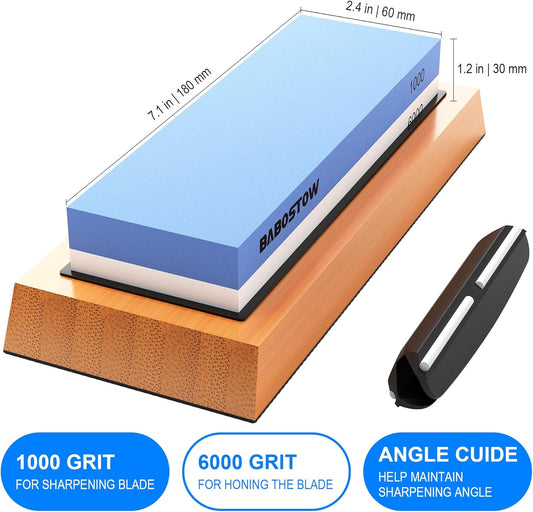 Premium Whetstone Knife Sharpening Stone 2 Side Grit 1000/6000 Waterstone- Whetstone Knife Sharpener & Honing Stones - NonSlip Bamboo Base & Angle Guide