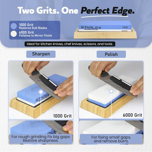 Premium Knife Sharpening Stone Set – Dual Grit Whetstones (400/1000 & 3000/8000), Leather Strop, Flattening Stone, Bamboo Base, Non-Slip Bases & Angle Guide for Kitchen, Chef & Hunting Knives