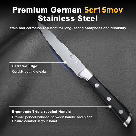 Steak Knives Set of 6, German Stainless Steel Sharp Steak Knife Set, 4.8 Inch Serrated Knives with Box, Steak Knifes for Home Party Christmas Gift