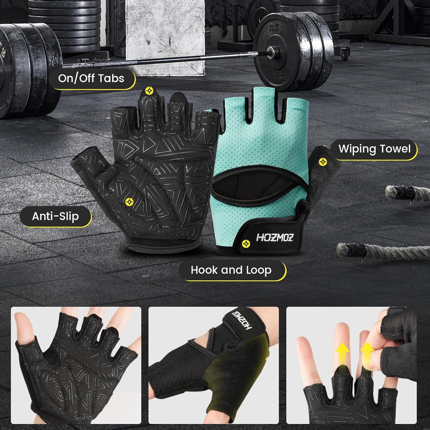 HOZMOZ Ventilated Weight Lifting Gloves, Thick Padded Workout Gym Gloves with Full Palm Protection & Grip & Shock Absorption for Women & Men's Fitness Exercise Training