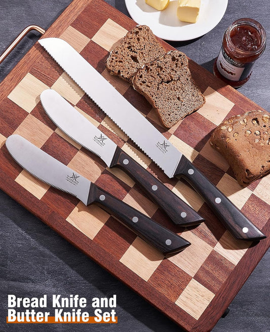 Naitesen 3PCS Serrated Bread Knife and Butter Knife Set, Razor Sharp, Homemade Bread Cutting with Butter Cheese Peanut Spreader for Baguette, Sourdough Bread, Bagels, Gifts for Men Women