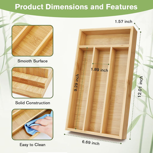 shenee Small Silverware Organizer, Bamboo Drawer Organize, Bamboo Silverware Drawer Organizer, Spoon Flatware Storage with Grooved Drawer Dividers