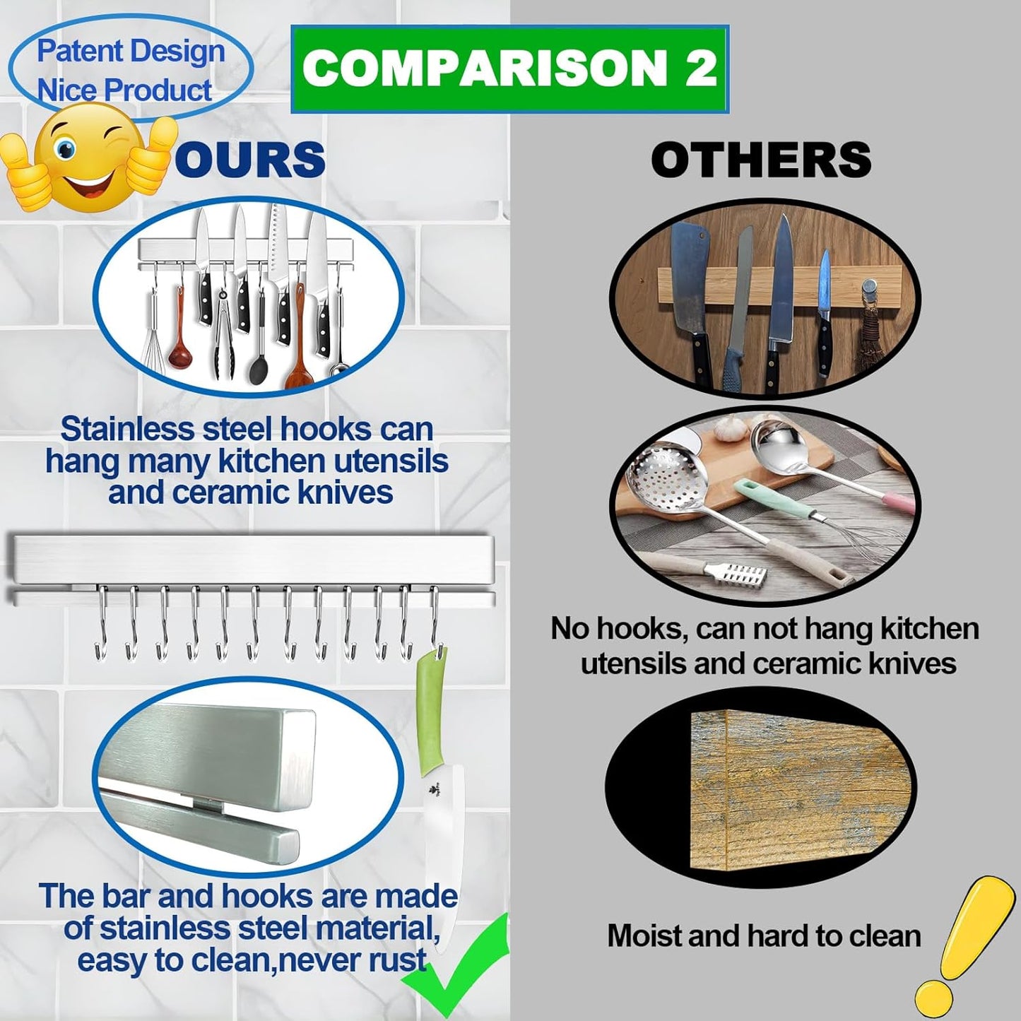 YIIYIIN Strong Magnetic Knife Holder for Wall, 17 Inch No-Drill Knife Strip with 12 Hooks & Adhesive, Holds Kitchen Utensils & Tools