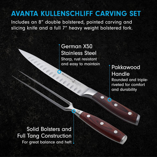Messermeister Avanta Forged Kullenschliff Carving Set - Includes 8” Carving & Slicing Knife + 7” Fork - German X50 Stainless Steel - Pakkawood Handle - Rust Resistant & Easy to Maintain