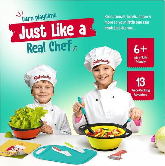 Baketivity Kid Safe Plastic Knives for Real Cooking with Cutting Board, Peeler for Kitchen - Knife Set with Blunt Tip, Dishwasher Safe, BPA Free Kids Knives for Cutting