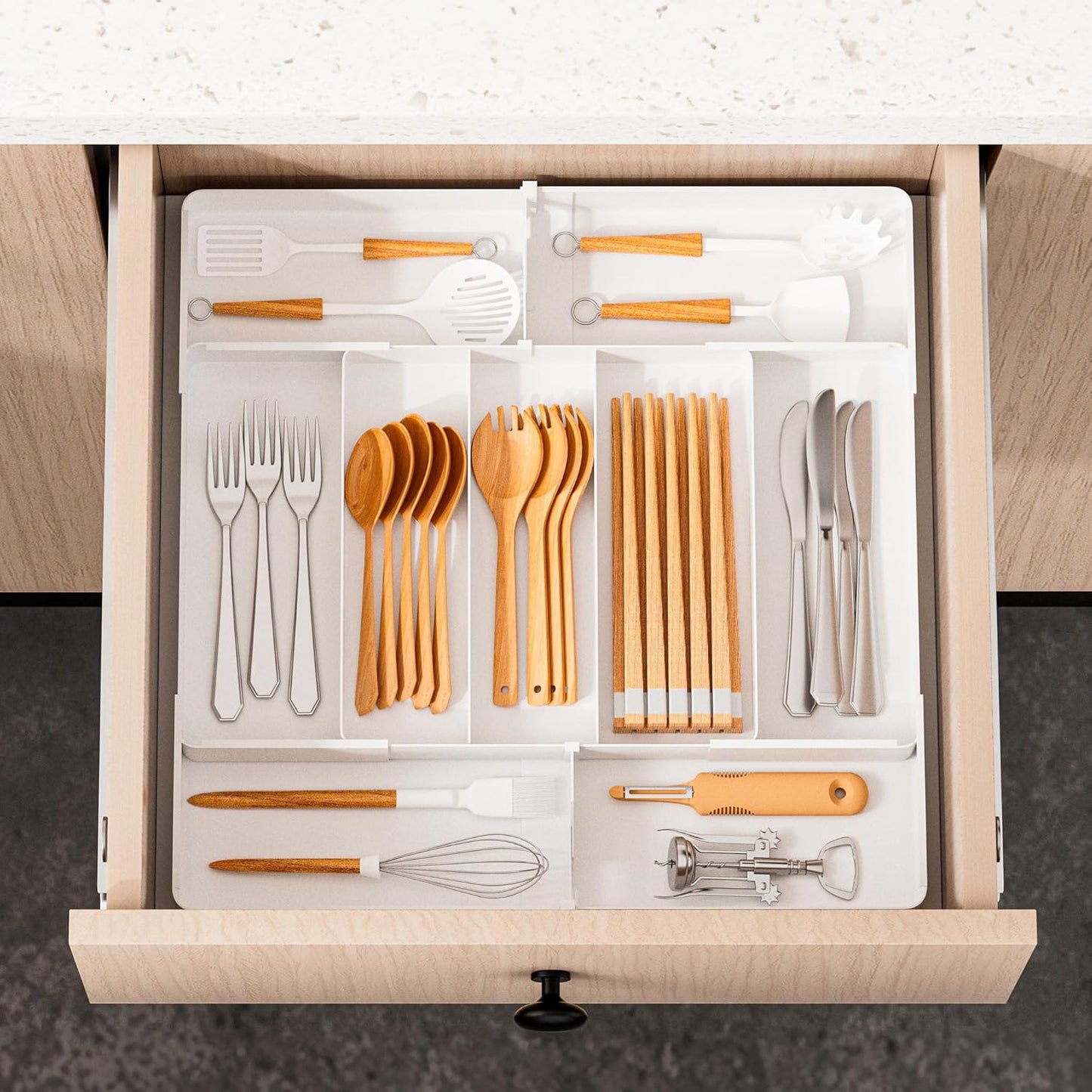 Jolitac Expandable Large Silverware Drawer Organizer - Adjustable Utensil Tray & Cutlery Holder, Plastic Storage for Spoons, Forks, Knives | Multipurpose Kitchen Organizers and Storage Solution, White