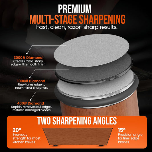 Rolling Knife Sharpener Kit with Removable Diamond & Ceramic Grinding Discs 400/1000/3000 Grit, Magnetic Knife Sharpener Base with 15° & 20° Angle Guide, Chef Knife Sharpening for Razor-Sharp Edge